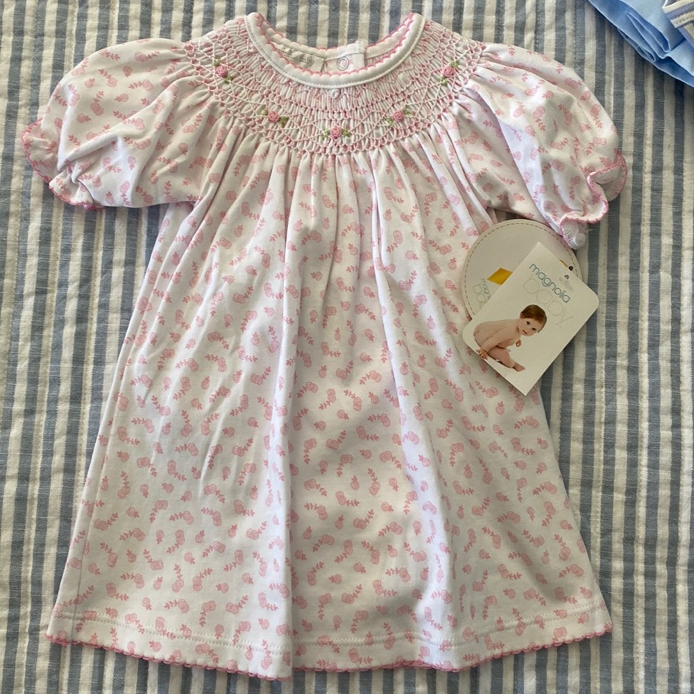 NWT Magnolia Baby smocked Pima Cotton dress Sz 9M. Pink floral.